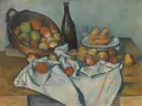 The Basket of Apples van Paul Cezanne: stilleven met appels, mand, fles en brood, in warm rood en wit op oker