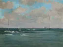 The Bathing Posts, Brittany by , 1893 van James McNeill Whistler: zee met zee, palen, golven en kust, in diep blauw en turkoois