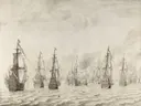 The Battle of Dunkirk van Willem van de Velde: zee met vloot, zeeslag, zeilschepen en zee, in licht grijs