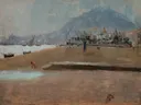 The Beach at Marseille, c. 1901, 1992.143 van James McNeill Whistler: zee met strand, stad, heuvel en zee, in zacht blauw en oker