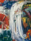The Bewitched Mill van Franz Marc: landschap met molen, water, huizen en bomen, in blauw, wit en rood
