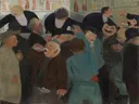 The Bistro van Felix Vallotton: figuren met mensen, cafe, mannen en hoeden, in gedempt blauw en bruin