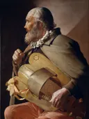 The Blind Hurdy-Gurdy Player van Georges de La Tour: figuren met muziek, draailier, oude man en baard, in warm bruin en rood
