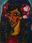 The Blue Mantilla van Alexej von Jawlensky: portret met vrouw, gezicht, bloemen en expressief, in fel blauw, rood en geel
