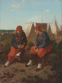 The Brierwood Pipe van Winslow Homer: figuren met soldaten, pijp, tenten en kamp, in warm rood en bruin