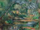 The Brook van Paul Cezanne: landschap met beek, bomen, bos en water, in groen met okerbruin