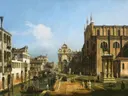 The Campo di SS. Giovanni e Paolo, Venice van Bernardo Bellotto: stad met plein, kerk, ruiterstandbeeld en gracht, in licht blauw en beige