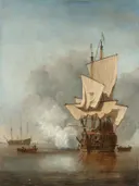 The Cannon Shot van Willem van de Velde: zee met schip, kanonschot, rook en zee, in gedempt grijs en beige