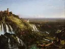 The Cascatelli, Tivoli, Looking Towards Rome van Thomas Cole: landschap met watervallen, rotsen, vergezicht en bergen, in licht blauw en beige