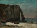 The Cliff at Étretat van Gustave Courbet: zee met klif, rotspoort, strand en zee, in oker en blauwgrijs