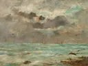 The Coast at Trouville van Eugene Boudin: zee met strand, wolken, zee en kust, in gedempt grijs en blauw