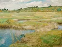 The Concord Meadow van Childe Hassam: landschap met weide, water, gras en bomen, in fris groen en blauw