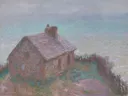 The Customs House at Varengeville van Claude Monet: landschap met huisje, klif, dak en kust, in roze en grijsgroen