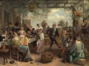 The Dancing Couple van Jan Steen: figuren met dansend paar, feest, muziek en prieel, in warm bruin met blauw