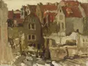 The Demolition of the Grand Bazar de la Bourse on the Nieuwendijk, Amsterdam van George Hendrik Breitner: stad met sloop, huizen, Amsterdam en puin, in warm rood en grijs