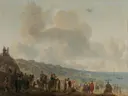 The Departure of Charles II of England from Scheveningen, 2 June 1660 van Johannes Lingelbach: figuren met strand, menigte, schepen en paarden, in gedempt zand en blauw