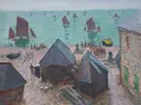 The Departure of the Boats, Étretat van Claude Monet: zee met boten, strand, zee en vissers, in blauwgroen en oker
