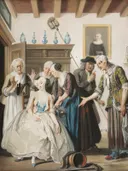 The Discovery of Jan Claasz. by 182 van Cornelis Troost: interieur met gezelschap, vrouwen, schouw en kamer, in licht met wit en blauw