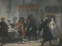 The Dispute between Doctors Raasbollius and Urinaal by 191 van Cornelis Troost: interieur met mannen, ruzie, kamer en tafel, in gedempt grijs