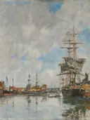 The Dock of Deauville van Eugene Boudin: zee met haven, schepen, masten en water, in gedempt grijsblauw