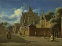 The Dom and Domhof, Cologne van Jan van der Heyden: stad met kathedraal, plein, figuren en huizen, in warm beige met blauw