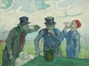 The Drinkers van Vincent van Gogh: figuren met drinkers, mannen, hoge hoeden en kruik, in blauw en groen