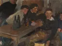 The Drunkard, Zarauz van Joaquín Sorolla: figuren met mannen, flessen, tafel en drinken, in donkerbruin en groen