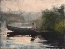 The End of the Day, Adirondacks van Winslow Homer: landschap met meer, boot, avond en mist, in gedempt blauwgrijs
