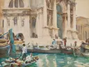 (The façade of la salute venice100033) van John Singer Sargent: stad met Venetië, kerk, gondels en water, in licht oker en blauw