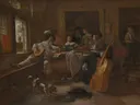 The Family Concert van Jan Steen: figuren met muziek, cello, familie en tafel, in donker bruin met rood