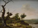 The Farm van Dirck Wijntrack: landschap met kale boom, rivier, eenden en weiland, in bruin en zachtgroen