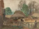 The Farmyard (1899) van George Clausen: landschap met boerderij, erf, hek en bomen, in gedempt groen en bruin