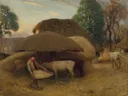 The Farmyard, Evening (1897) van George Clausen: dieren met varkens, kip, paard en hooibergen, in warm oker en groen