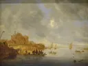The Ferry van Salomon van Ruysdael: landschap met veerpont, rivier, kasteel en koeien, in warm goudbruin