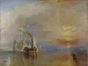 The fighting Temeraire van J. M. W. Turner: zee met zeilschip, sleepboot, zonsondergang en zee, in warm geel en blauw