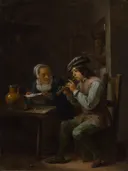 The Flageolet Player van Pieter Brueghel the Younger: figuren met fluitspeler, oude vrouw, interieur en muziek, in donker bruin