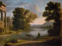 The Ford van Claude Lorrain: landschap met rivier, koeien, bomen en ruïne, in warm groen en beige