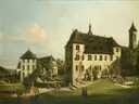 The Fortress of Königstein: Courtyard with the Magdalenenburg van Bernardo Bellotto: stad met binnenplaats, vesting, gebouwen en muren, in warm beige en groen