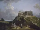 The Fortress of Königstein van Bernardo Bellotto: landschap met vesting, heuvel, rotsen en wolken, in gedempt blauw en groen