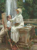 The Fountain, Villa Torlonia, Frascati, Italy van John Singer Sargent: figuren met schilder, fontein, tuin en wit, in wit en groen