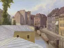 The Friedrichsgracht, Berlin van Eduard Gaertner: stad met gracht, huizen, stad en water, in zachtblauw en oker