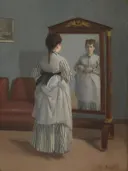 The Full lenght Mirror van Eva Gonzalès: interieur met vrouw, spiegel, kamer en witte jurk, in gedempt grijsgroen en wit