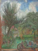 The Garden of the Rousseau Family van James Ensor: landschap met tuin, bomen, bloemen en kar, in helder groen en blauw