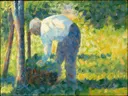 The Gardener van Georges Seurat: figuren met tuinman, gras, werken en zomer, in helder groen en geel