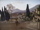 The Gardens of the Villa d'Este at Tivoli van Jean-Baptiste Camille Corot: landschap met tuin, cipressen, balustrade en bergen, in blauwgroen en wit