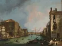The Grand Canal in Venice with the Rialto Bridge van Canaletto: stad met gracht, gondels, paleizen en water, in licht blauw en beige