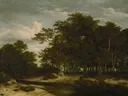 The Great Forest van Jacob van Ruisdael: landschap met bos, bomen, zandpad en water, in warm groen en oker