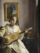 The Guitar Player (ca. 1672) van Johannes Vermeer: figuren met vrouw, gitaar, muziek en schilderij, in warm geel en bruin