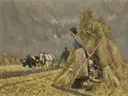 The Haymakers, early 1880s (private collection).webp van Emile Claus: figuren met hooiers, hooiberg, boeren en ossen, in okergeel en grijs