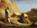 The Haymakers van Jean-Baptiste-Camille Corot: figuren met hooien, boeren, oogst en hooivork, in goudgeel en bruin